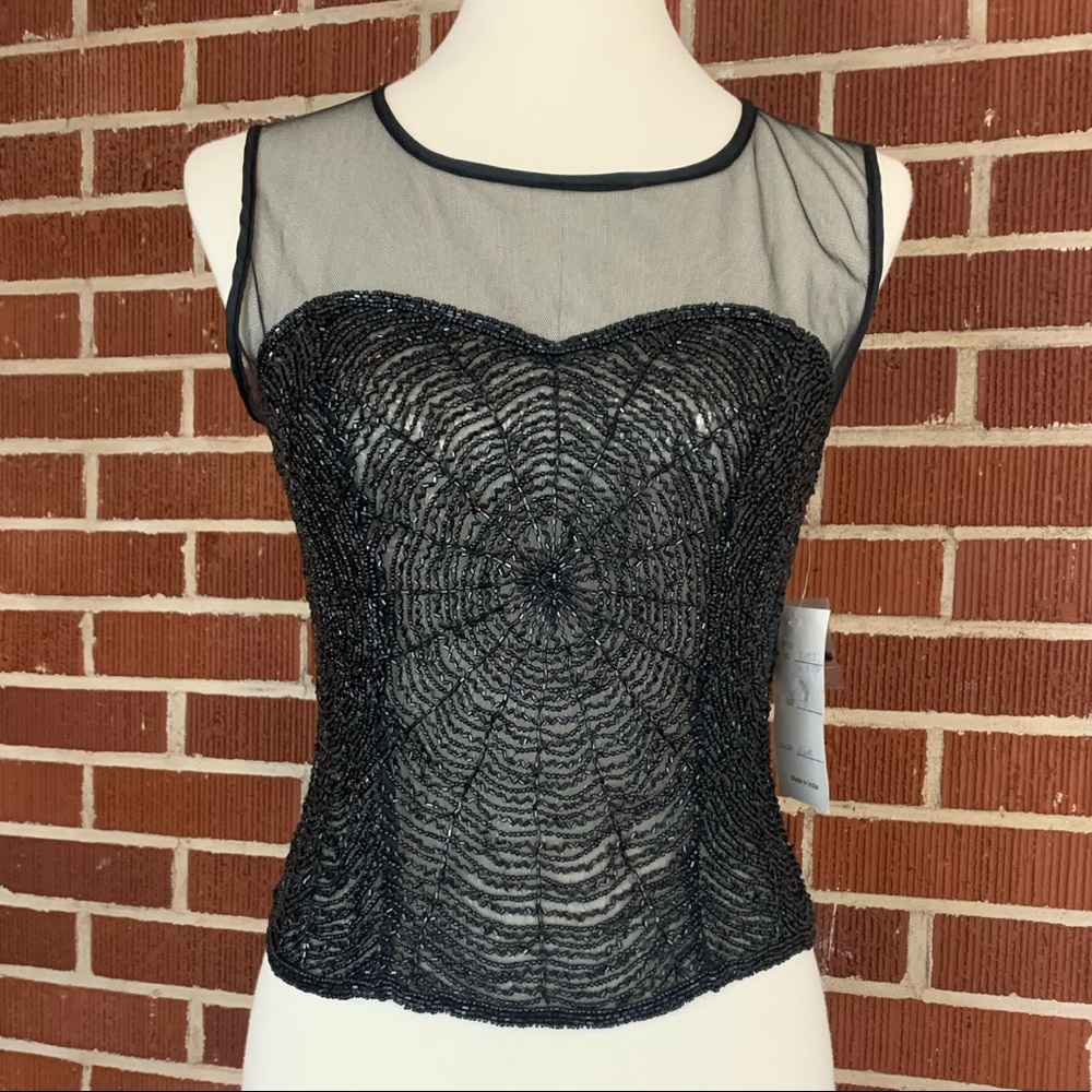 VTG Sheer Black Beaded Spiderweb Tank Top